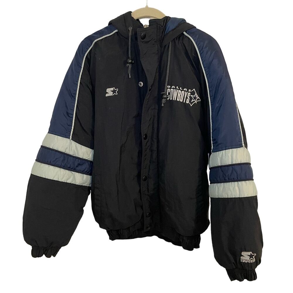 Vintage Starter Dallas Cowboys NFL Hooded Black Puffer Jacket SMALL 90s FOOTBALL